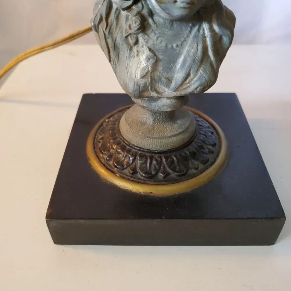 2 Antique Oil Electric Lamps Female Bust Spelter Metal Black & Brass Base Glass